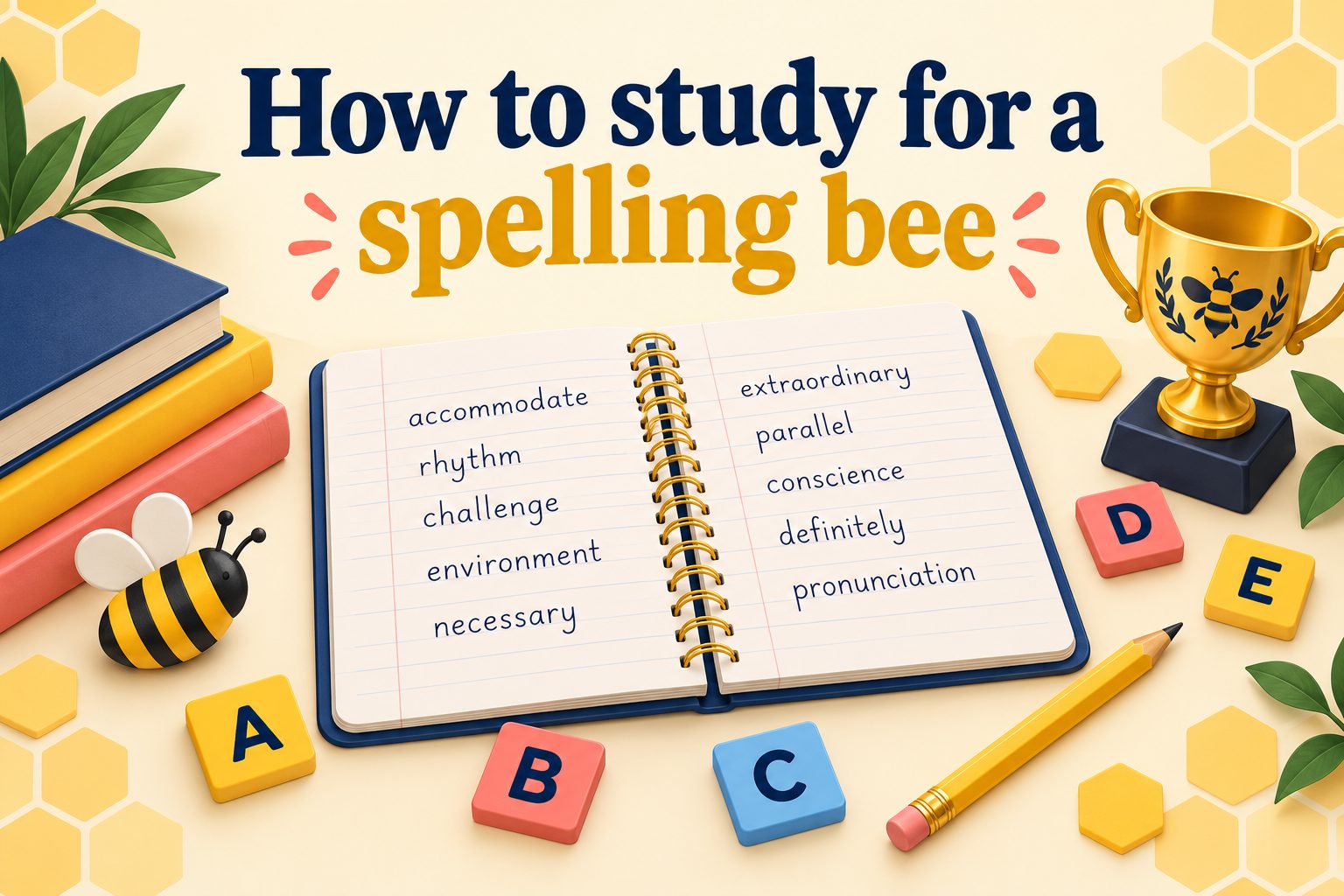 Student practicing spelling bee words with flashcards and a dictionary